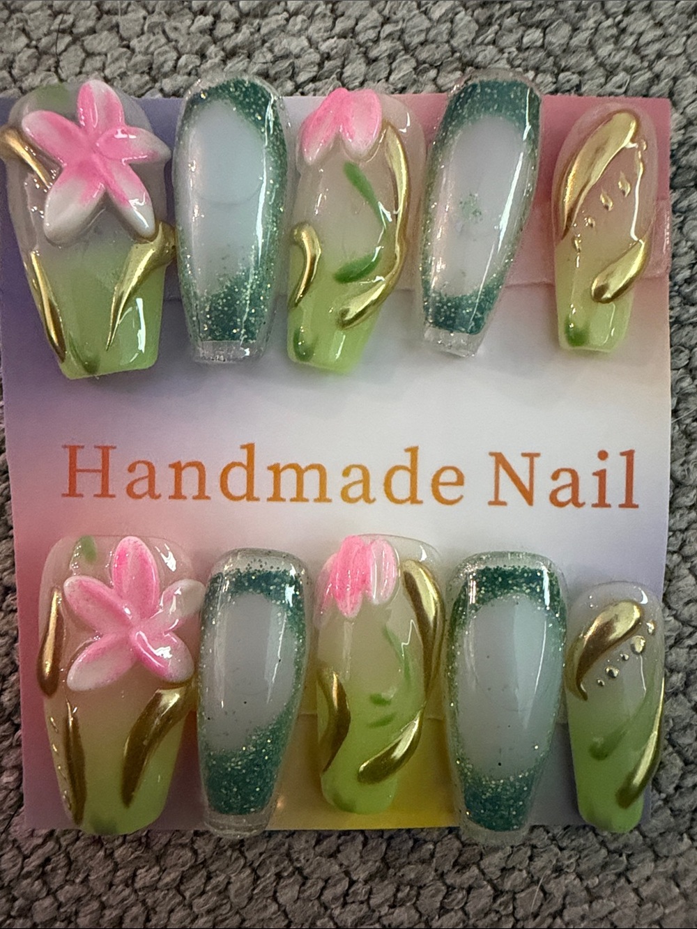 Handmade acrylic water nail Floral Green Ombre Press-On Nails with Pink Accents